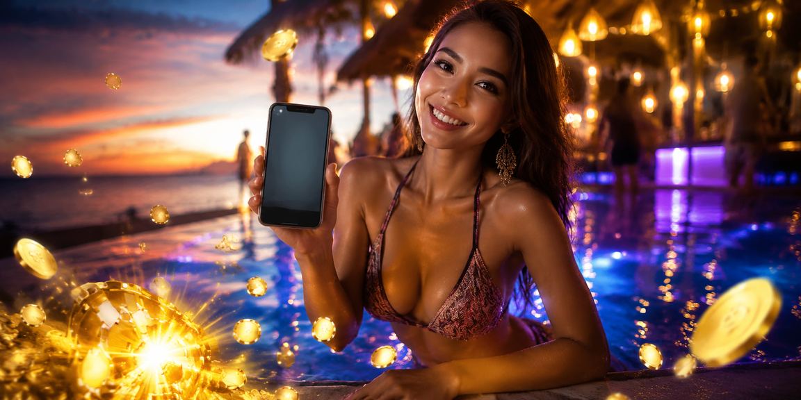 Seseorang bermain casino di aplikasi mobile sambil menikmati suasana pantai